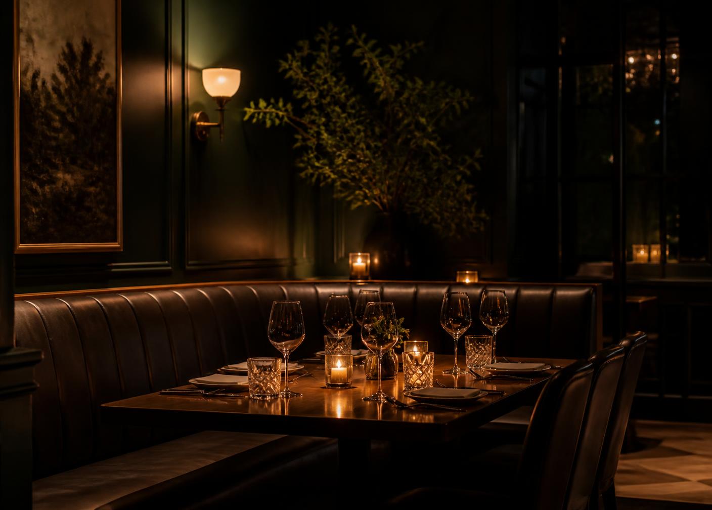Empty candlelit restaurant banquette in a dark green dining room