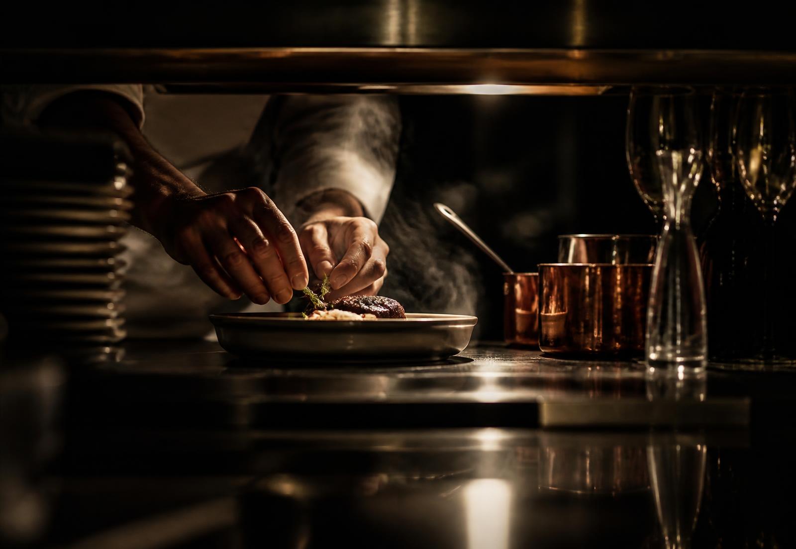 Hands finishing a plate on a dark kitchen pass under brass service light